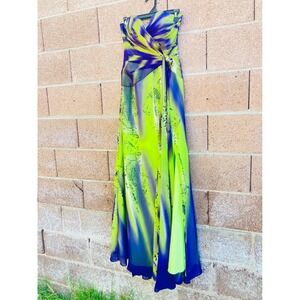 Anaya Women Maxi Gown Neon Lime Green Purple Abstract Print Strapless Chiffon